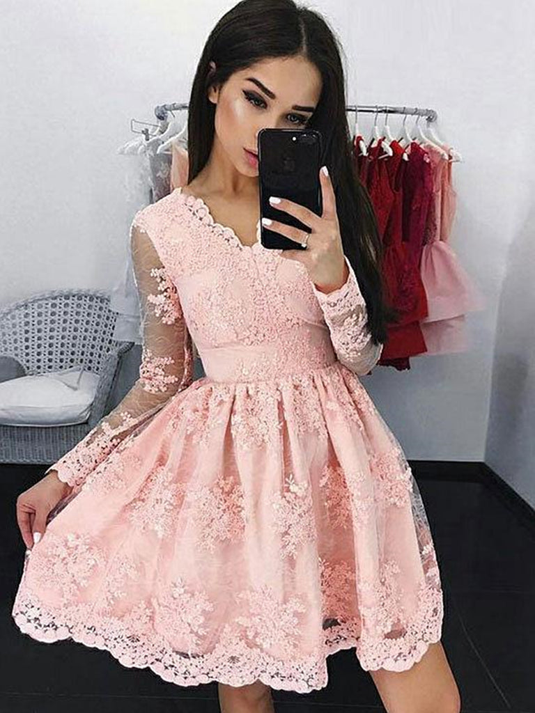 Pink Long Sleeves Short Lace Prom ...